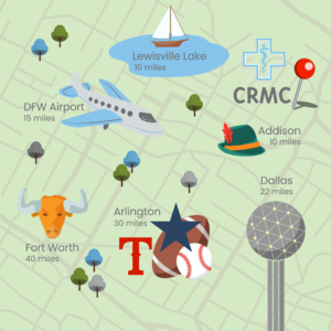 Illustrated map showing key attractions and landmarks around DFW including Downtown Dallas, Arlington, Lewisville Lake and DFW Airport